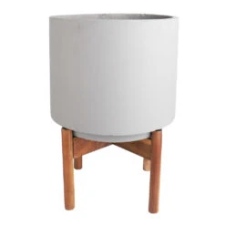 Vigo Plant Pot With Wooden Stand - Concrete Grey -Plant Supplies Sale Vigo Plant Pot with Wooden Stand Concrete Grey 28x37cm 2